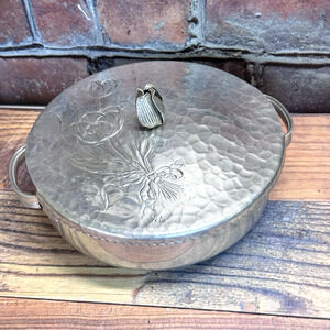 Vtg 1940s Rodney Kent Hammered Aluminum Covered Tulip Casserole Dish #461 Floral